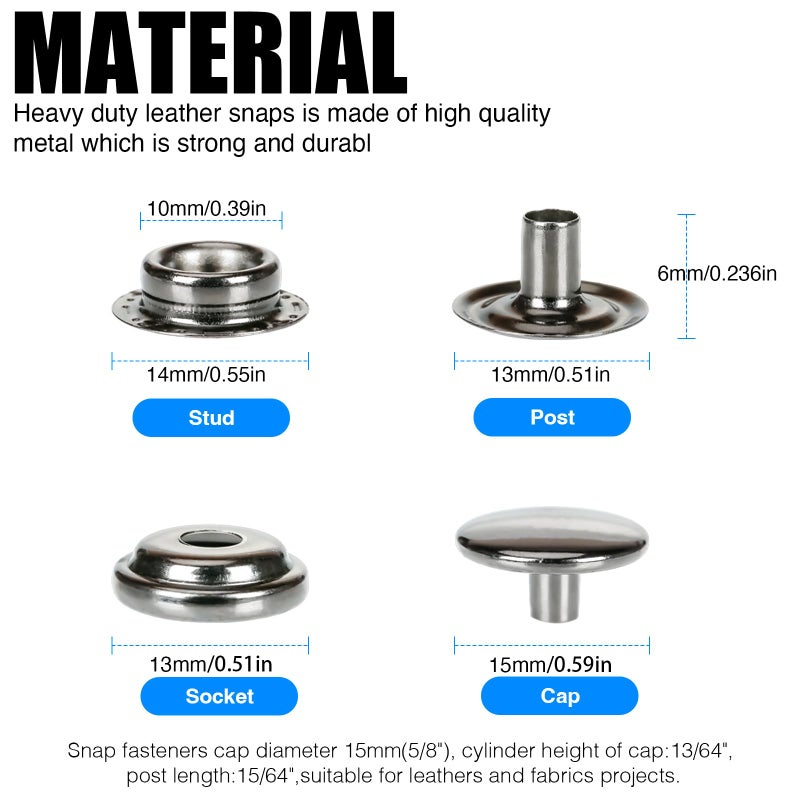 INNETOC 70 Sets 15mm 5/8" Heavy Duty Snap Fasteners Kit, Metal Snaps for Leather Crafts Sewing Repair Clothing Button Kit with Snap Installation Tool - Image 2